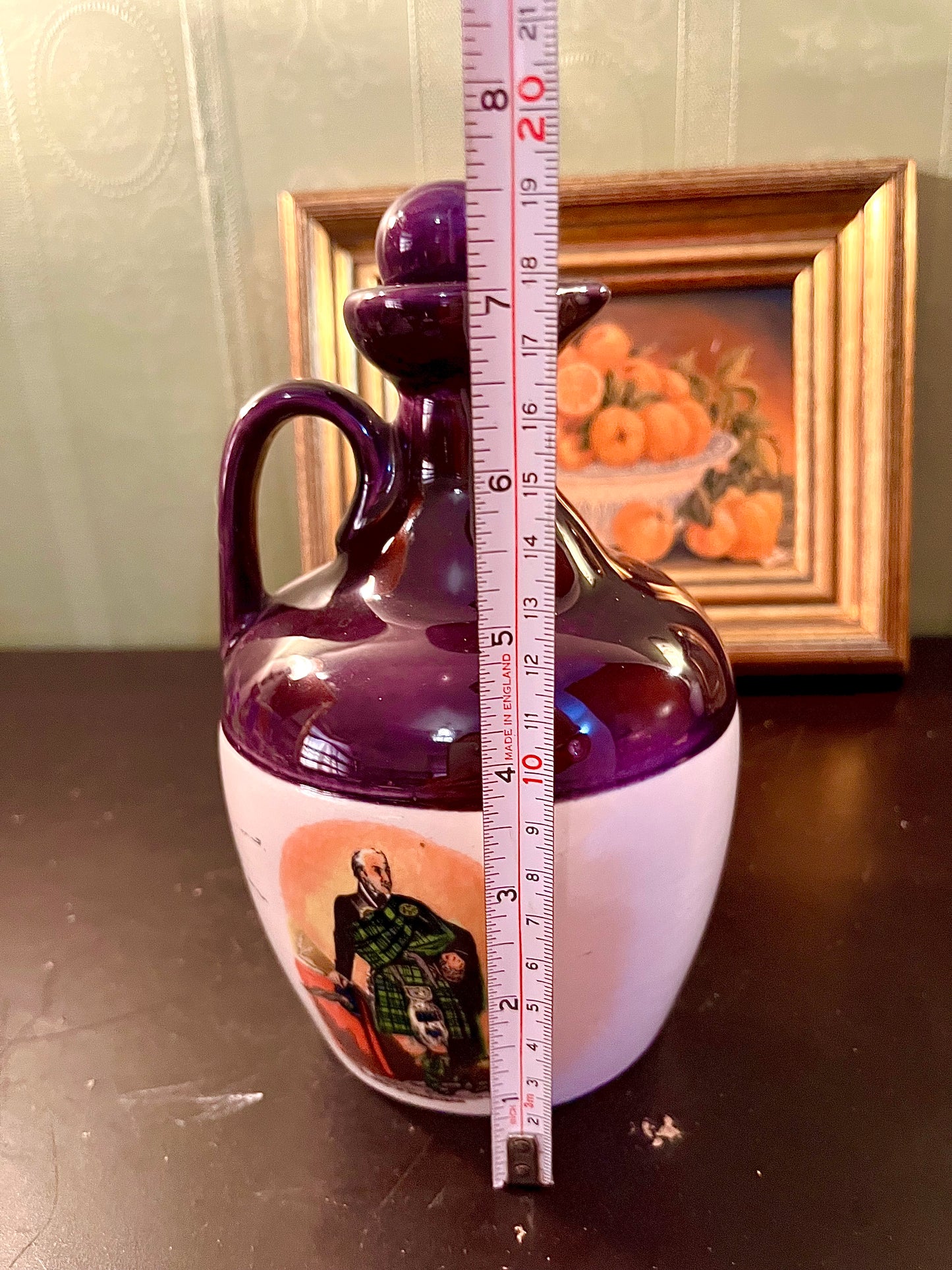 Vintage Scottish Highlander Ceramic Whisky Decanter – Purple & White Lidded Jug