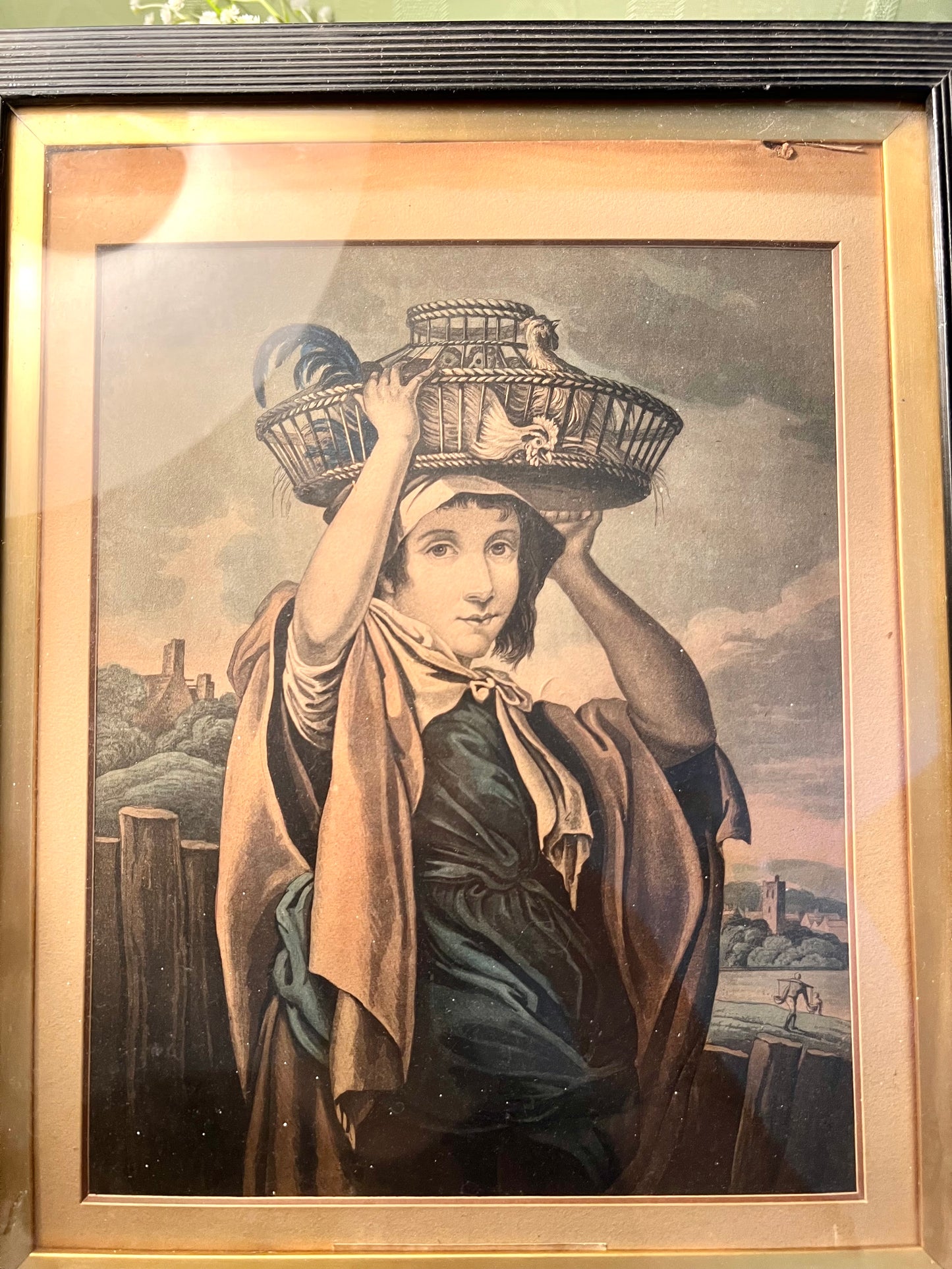 Vintage Thomas Barker of Bath Framed Woman with Bird Cage Painting Black Gold Frame 35cm