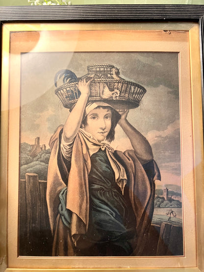 Vintage Thomas Barker of Bath Framed Woman with Bird Cage Painting Black Gold Frame 35cm