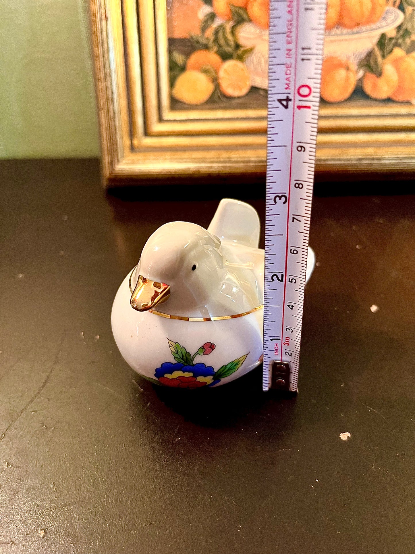 Small Ceramic Duck Figurine – White Floral Bird Ornament