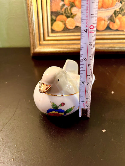 Small Ceramic Duck Figurine – White Floral Bird Ornament