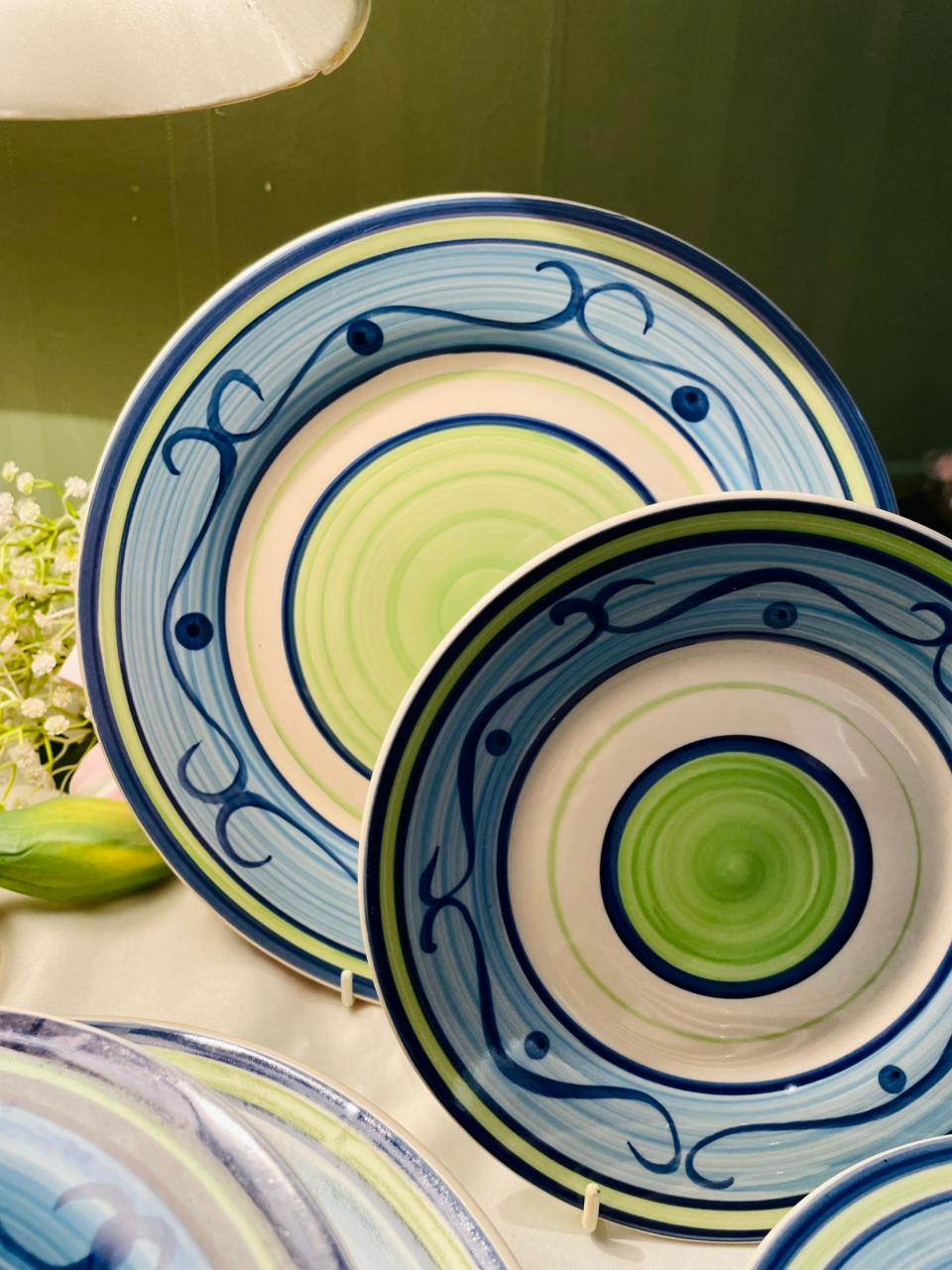 Hand-Painted Blue & Green Ceramic Plates Set, 12 Pieces