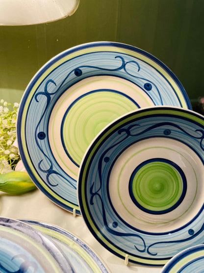 Hand-Painted Blue & Green Ceramic Plates Set, 12 Pieces