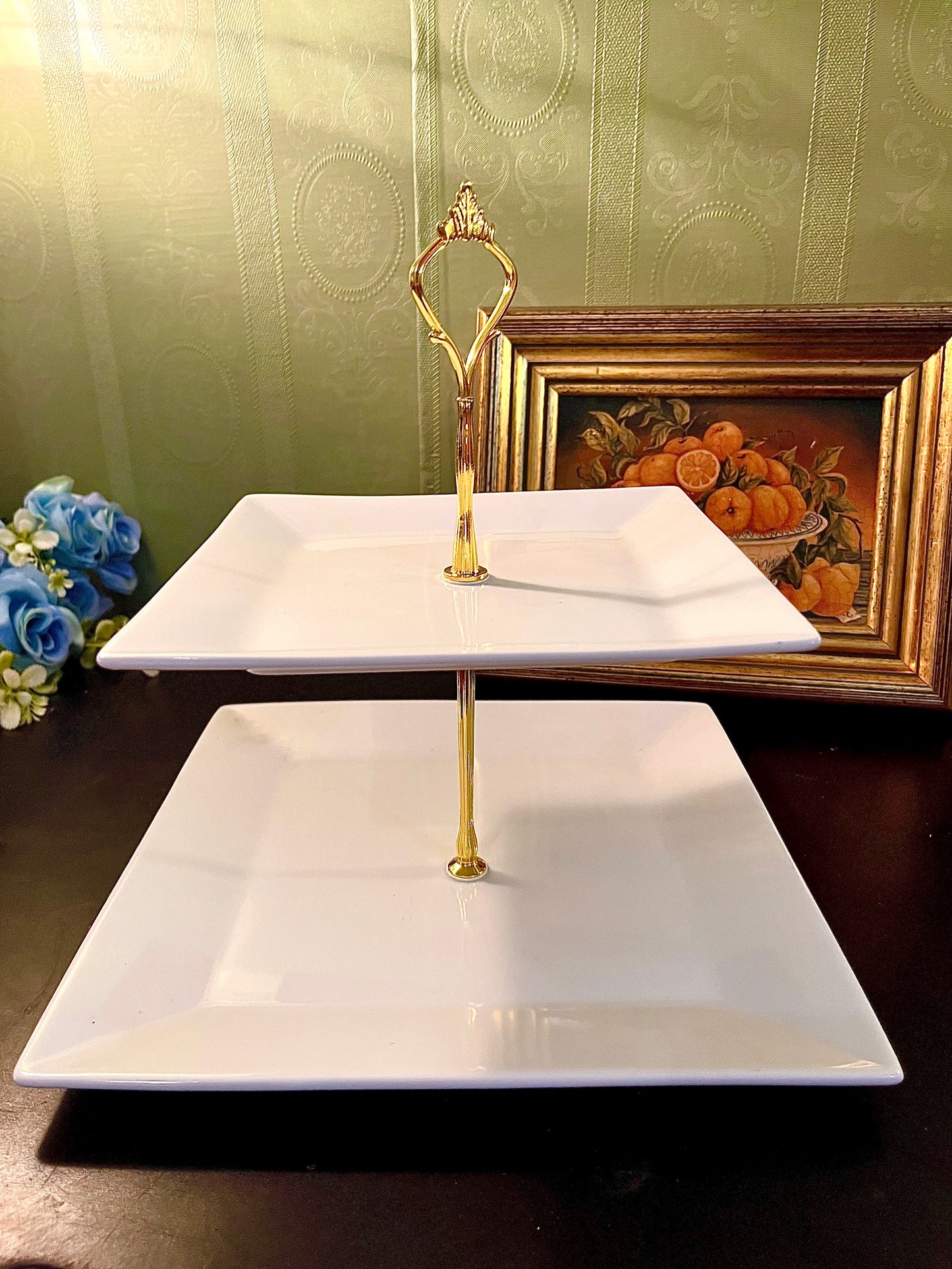 Two-Tier White Square Serving Stand with Gold Handle – Dessert Display Tray