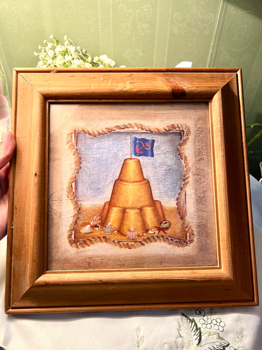 Vintage Luz del Amanecer Framed Sandcastle Seaside Painting Wooden Frame 28cm