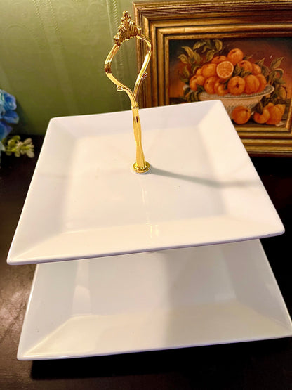 Two-Tier White Square Serving Stand with Gold Handle – Dessert Display Tray