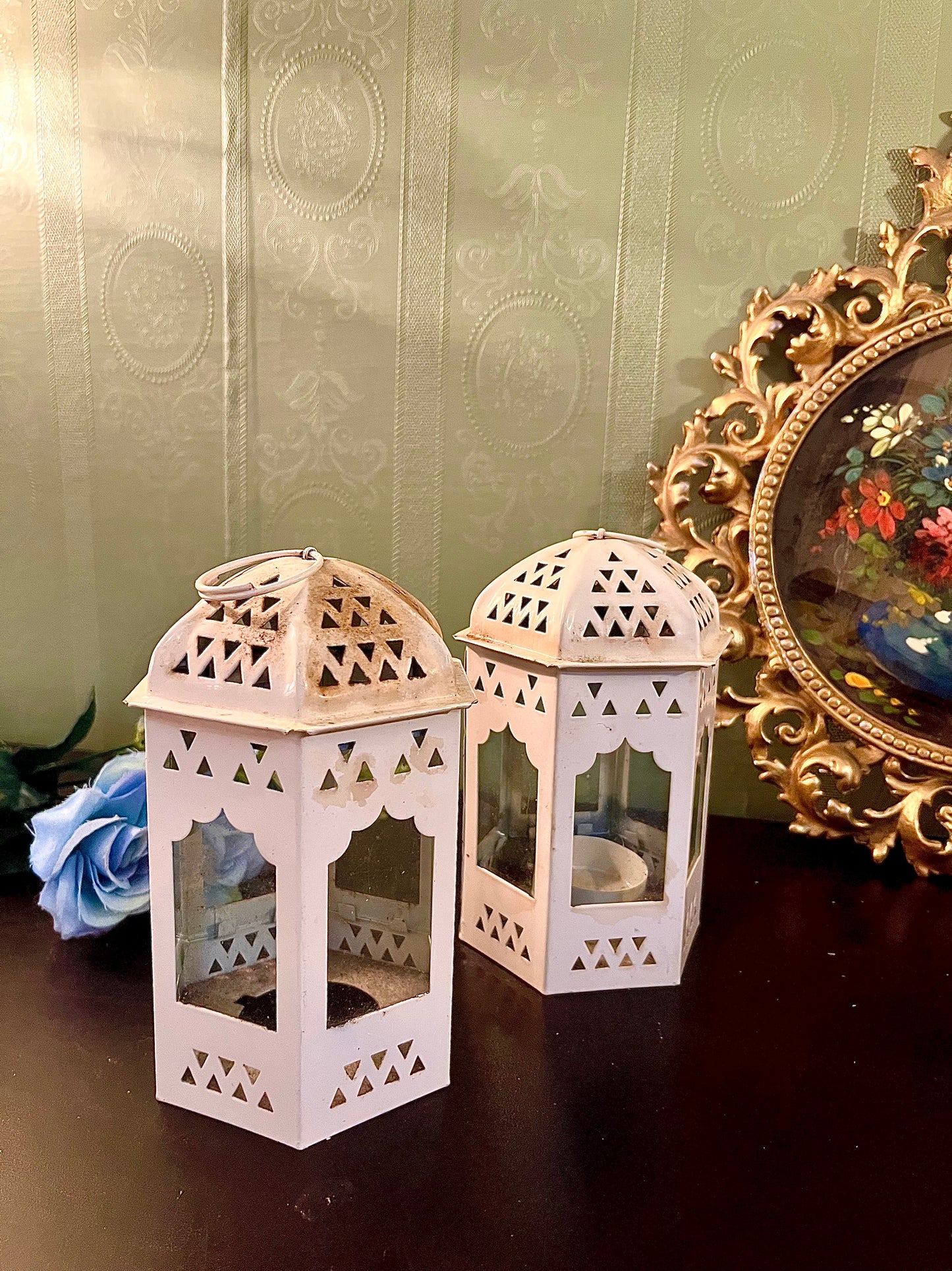 Pair of White Metal Moroccan Lantern Tealight Holders