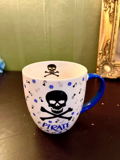 Pirate Skull Coffee Mug | Nautical Ceramic Tea Cup with Blue Handle