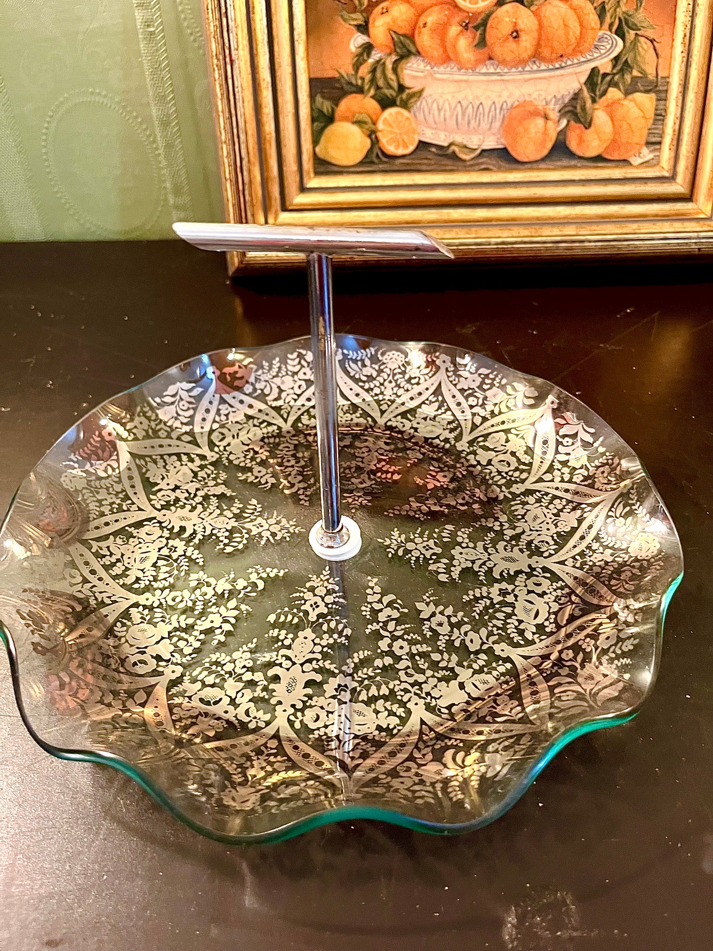 Vintage Silver Floral Glass Serving Tray with Handle – 8 Inch