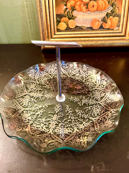 Vintage Silver Floral Glass Serving Tray with Handle – 8 Inch