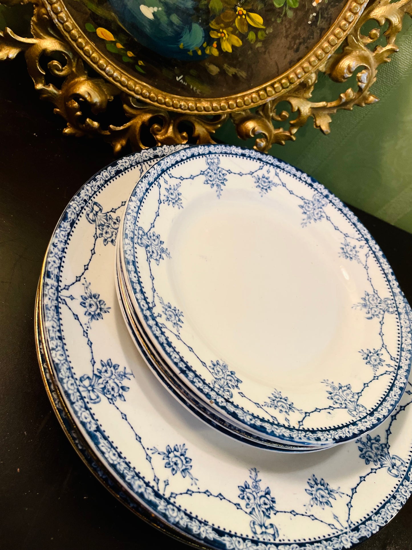 Vintage French Bone China Dinner Set Gold Rim Blue Floral – Set of 8