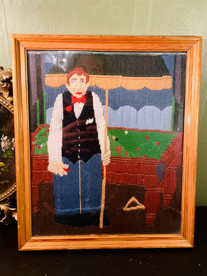 Vintage Needlepoint Billiards Wall Art Made in England