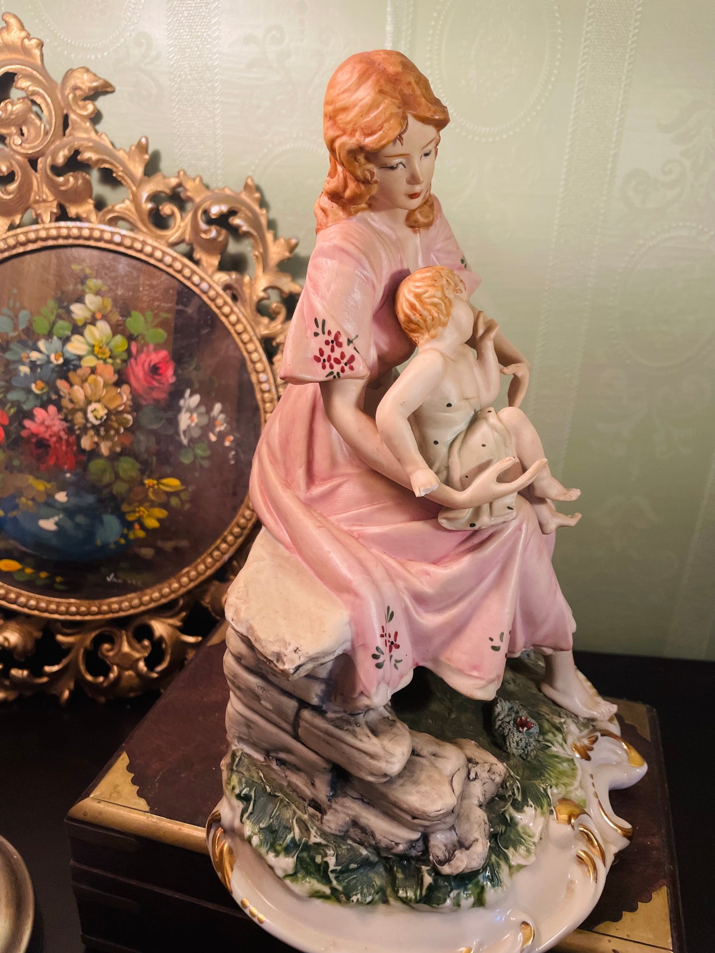 Vintage Mother and Child Porcelain Figurine in Pink Dress