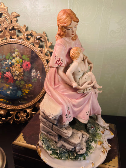 Vintage Mother and Child Porcelain Figurine in Pink Dress