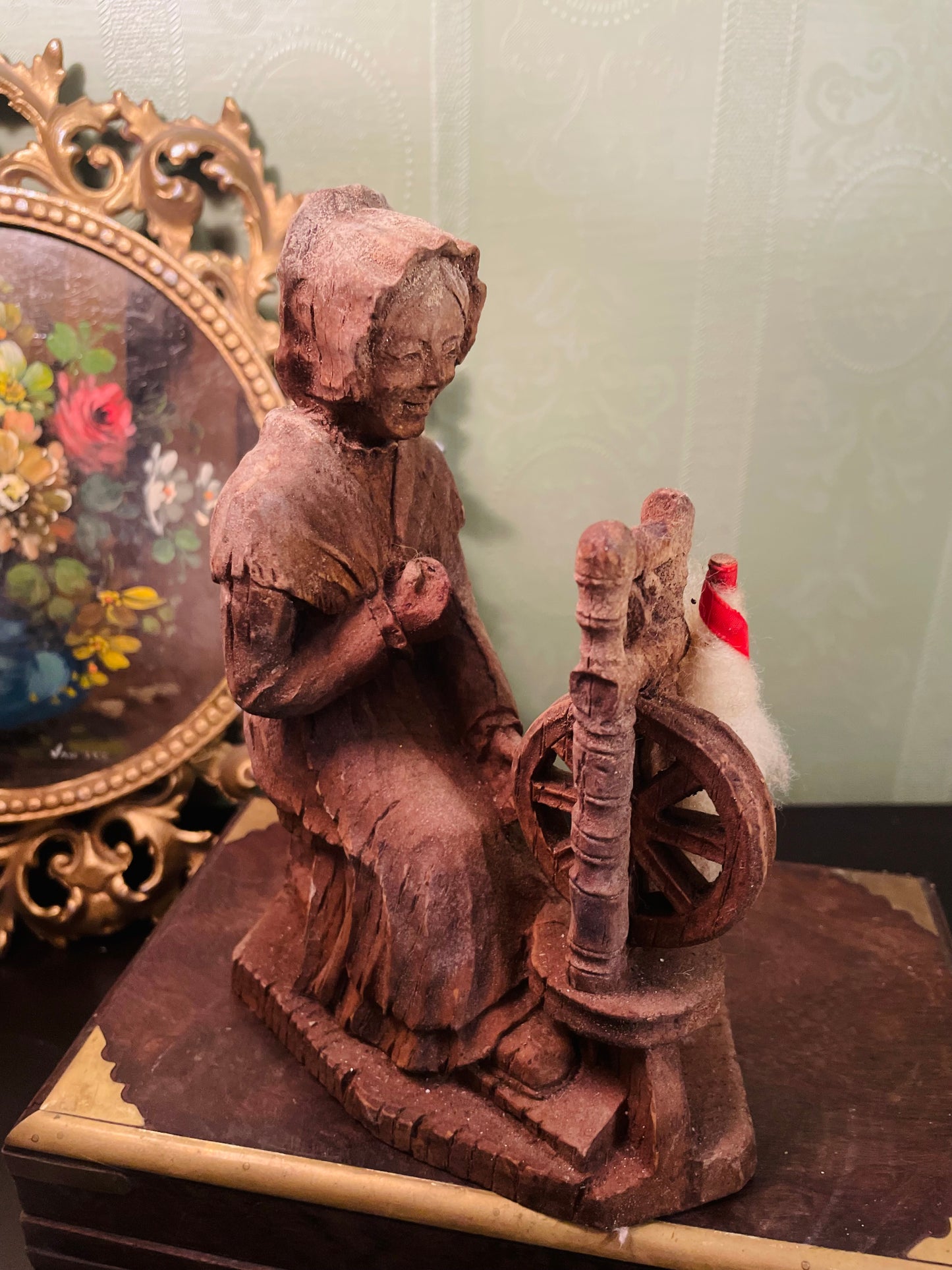 Vintage Hand-Carved Wooden Spinning Wheel Lady Figurine