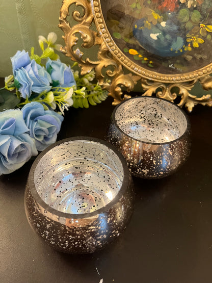 Set of 2 Mercury Glass Candle Holders / Speckled Silver Votive Bowls