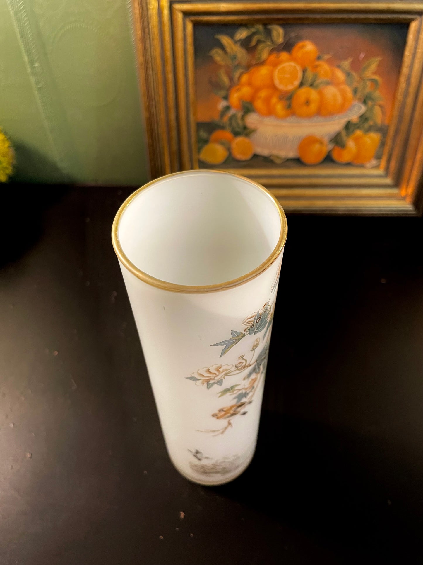 Vintage Bird & Blossom Cylinder Vase – 8 Inch
