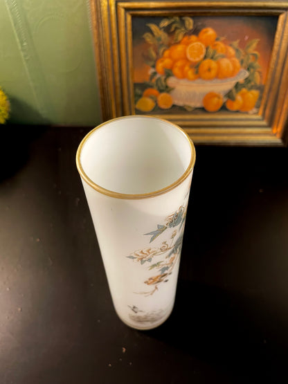 Vintage Bird & Blossom Cylinder Vase – 8 Inch