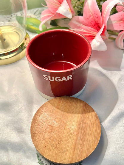 Wilko Red Ceramic Sugar Jar with Bamboo Lid 10cm