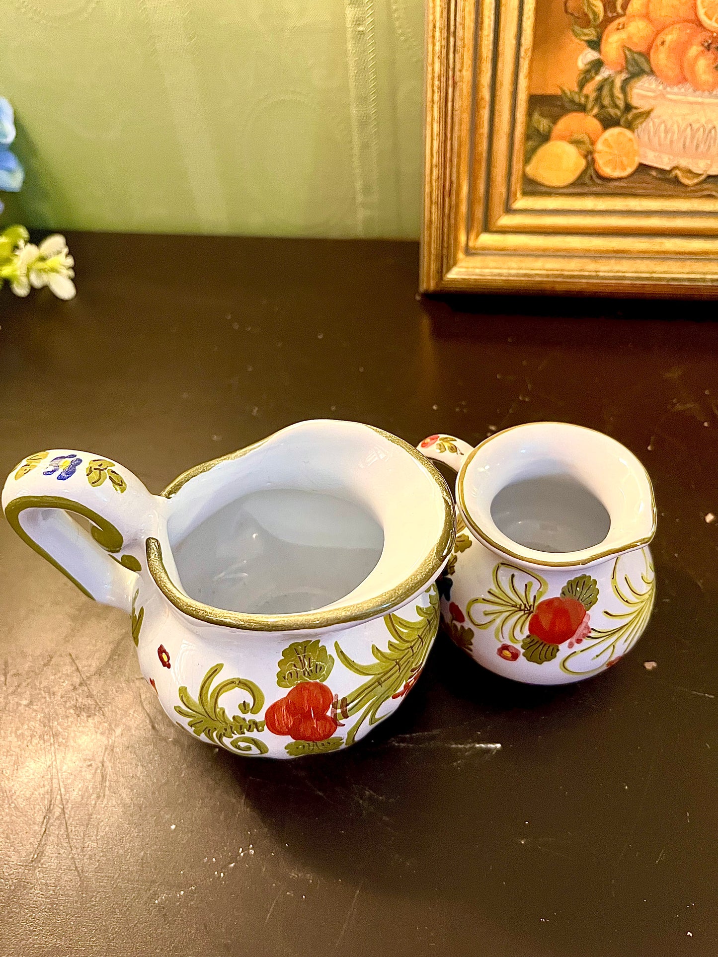 Set of 2 Hand-Painted Ceramic Floral Jugs – Red Flower Pitchers with Gold Trim