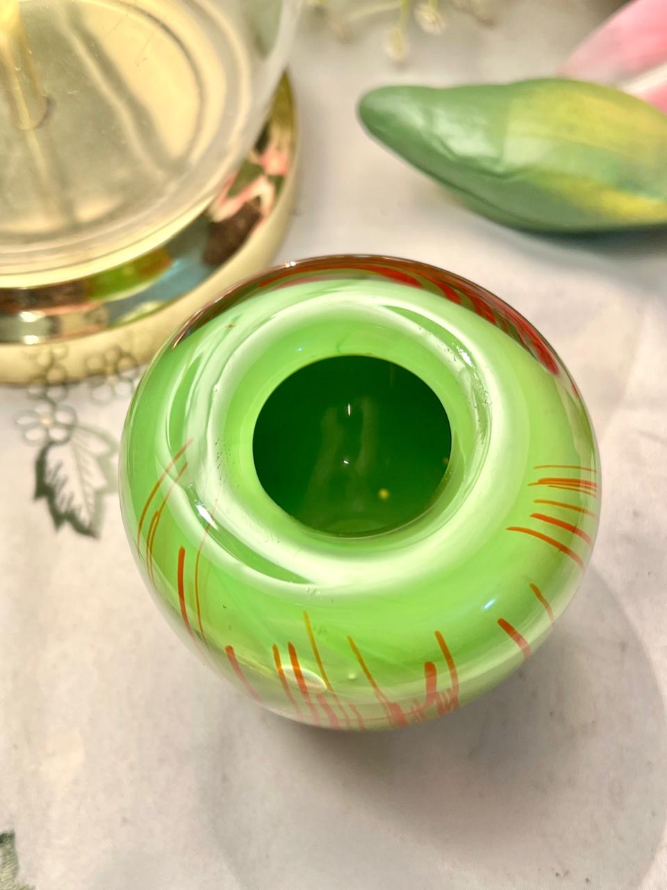 Vintage Green Crystal Bud Vase with Red Lines 9 cm