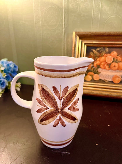 Vintage Brown Leaf Ceramic Pitcher – White Stoneware Water Jug