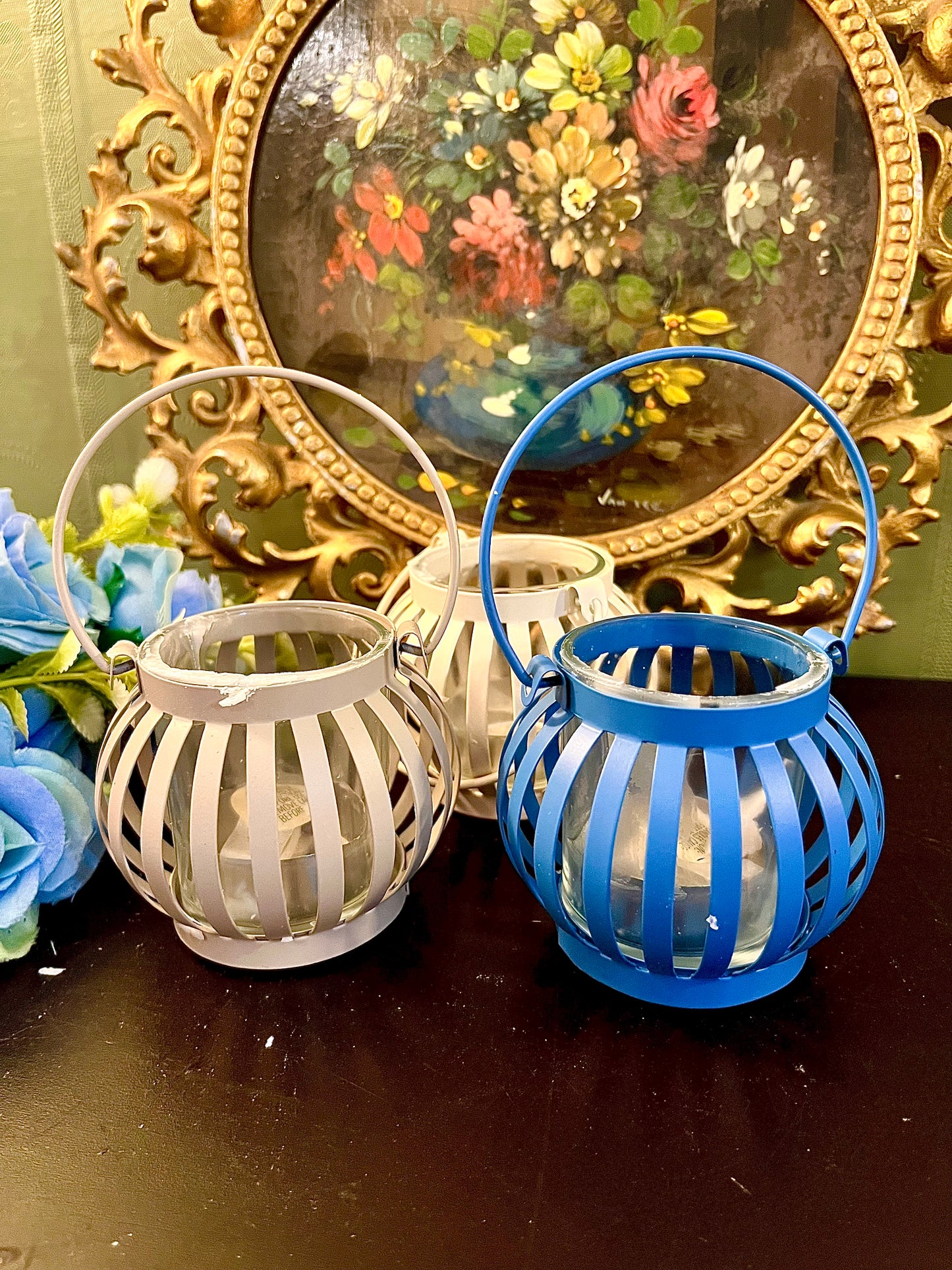 Set of 3 Mini Metal Lantern Tealight Candle Holders – Blue & White