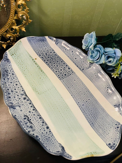 Vintage Portuguese Ceramic Serving Platter | Blue Speckled Oval Tray