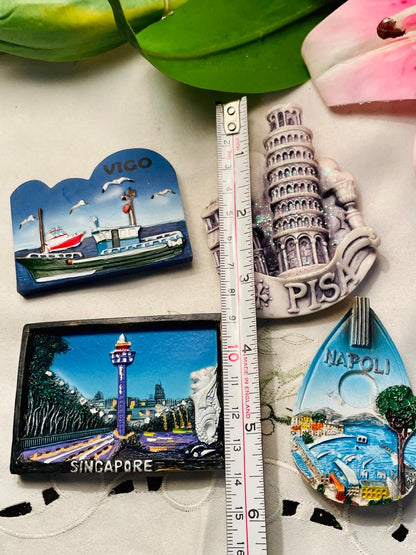 Fridge Magnet 4-Piece Travel Souvenir Set Pisa Singapore Napoli & Vigo