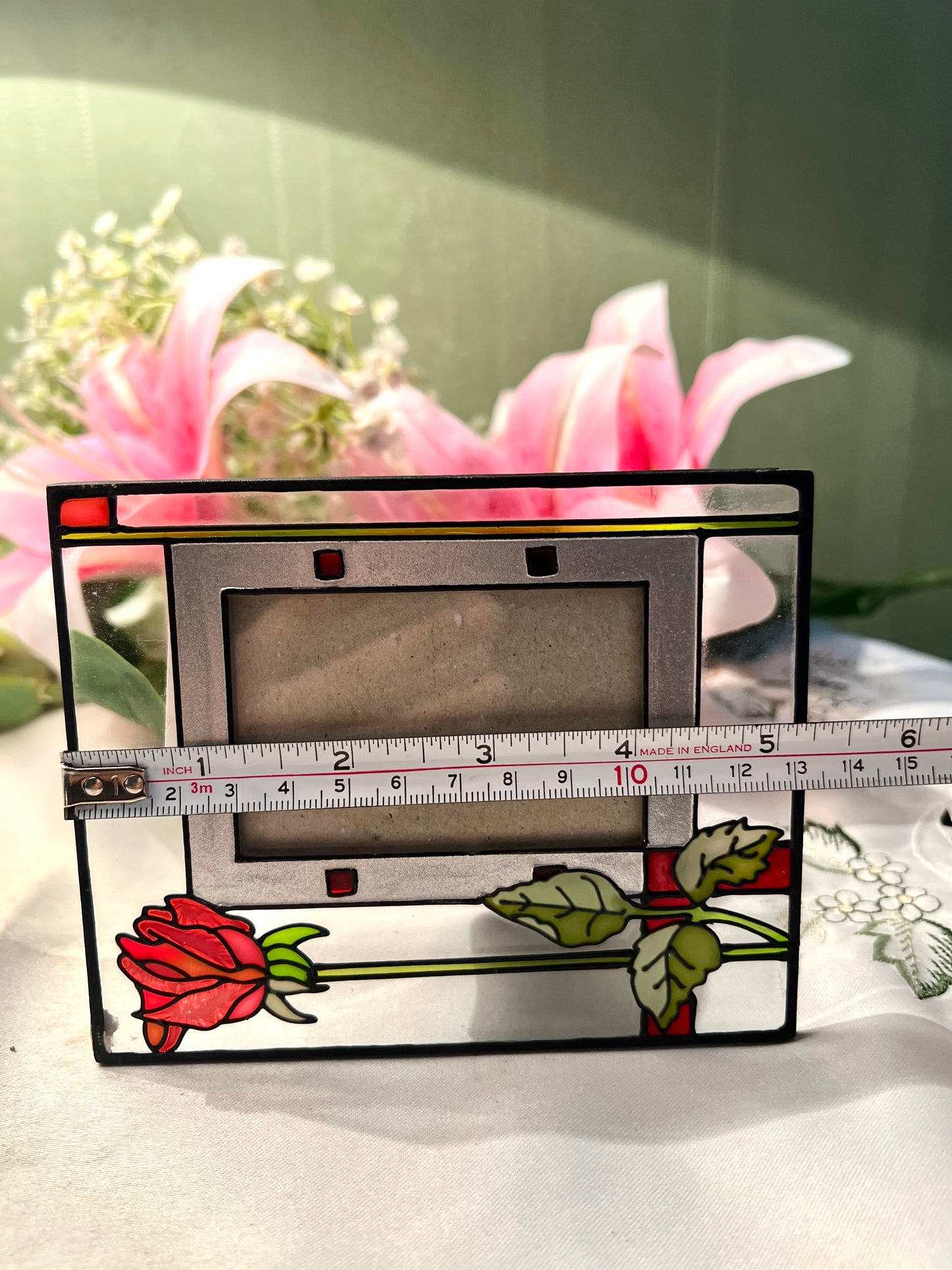 Vintage Hand painted Stained Glass Rose Photo Frame 15cm