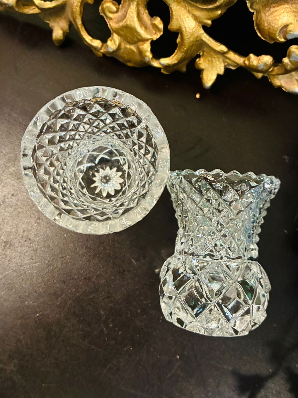 Pair of Vintage Clear Cut Crystal Vases or Toothpick Holders