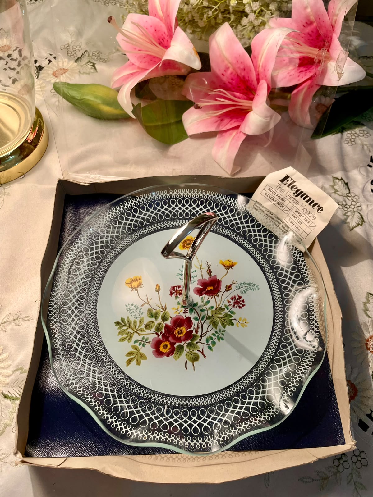 Vintage Floral Crystal Serving Tier Plater Silver-Tone Handle 24 cm