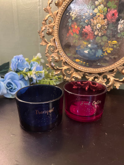 Set of 2 Coloured Glass Candle Holders / Tranquil & Feel Calm Votive Cups