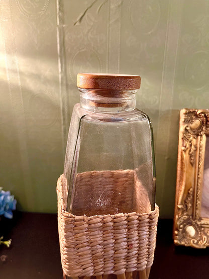 Tall Glass Bottle with Wicker Wrap 13 Inch