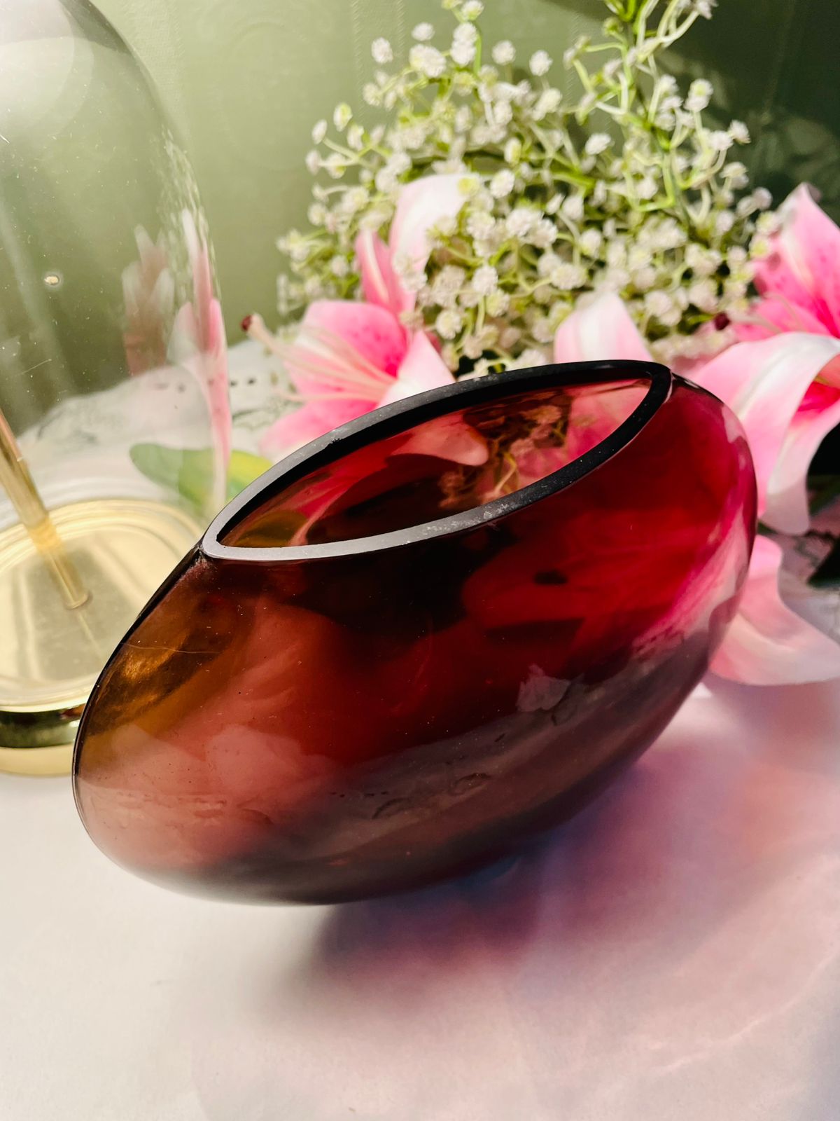 Vintage Ruby Red Crystal Bowl Vase 19 cm