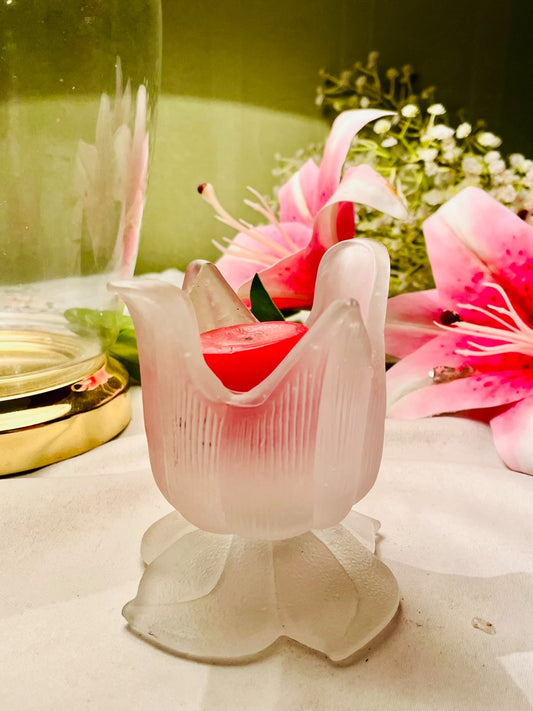 Vintage Frosted Crystal Tulip Flower Candle Holder 11cm