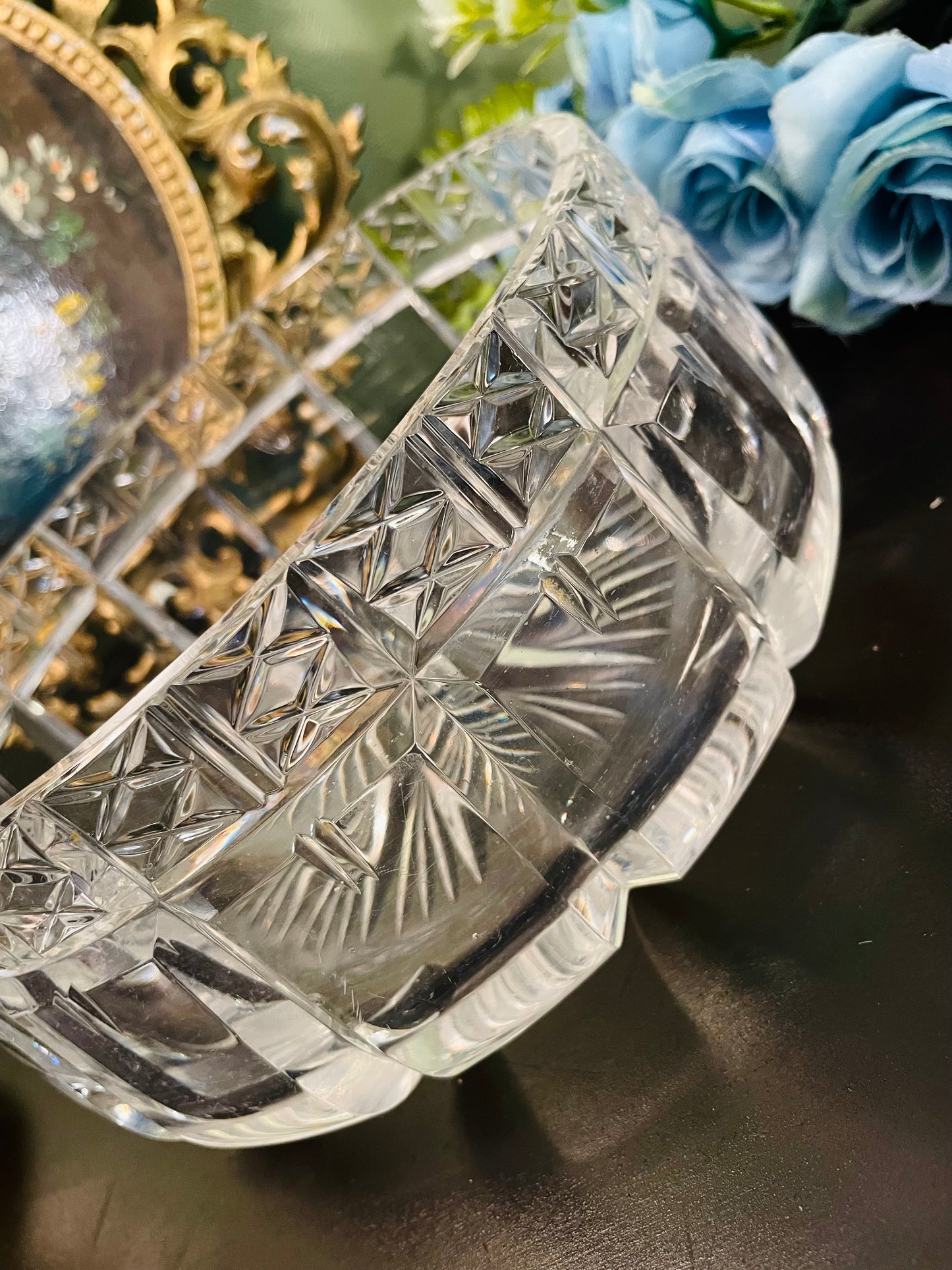 Vintage Crystal Glass Large Round Bowl Starburst Cut