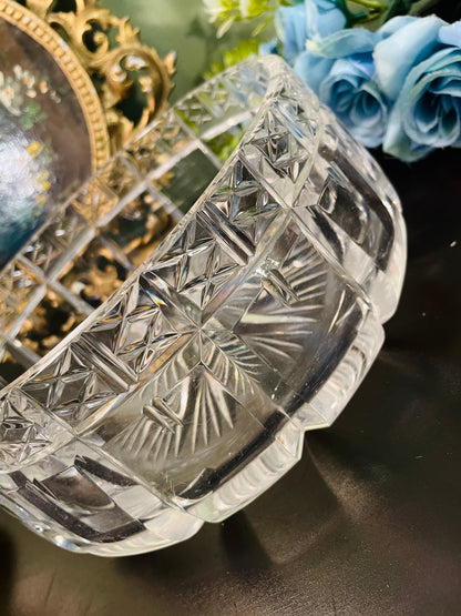Vintage Crystal Glass Large Round Bowl Starburst Cut