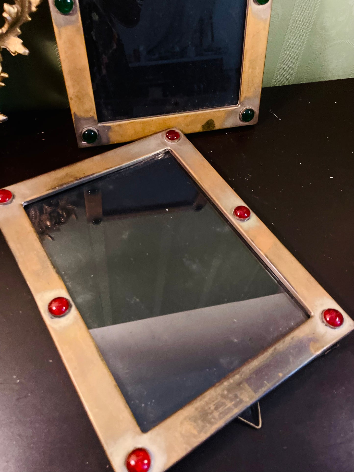 Vintage Brass Tone Gemstone Photo Frames Set of 2