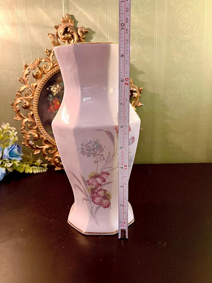 Pink Floral Porcelain Vase with Gold Rim