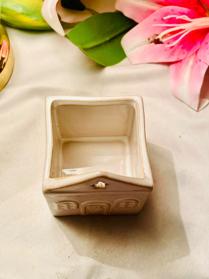 Vintage Cream Ceramic House Shaped Tea Light Holder 9cm