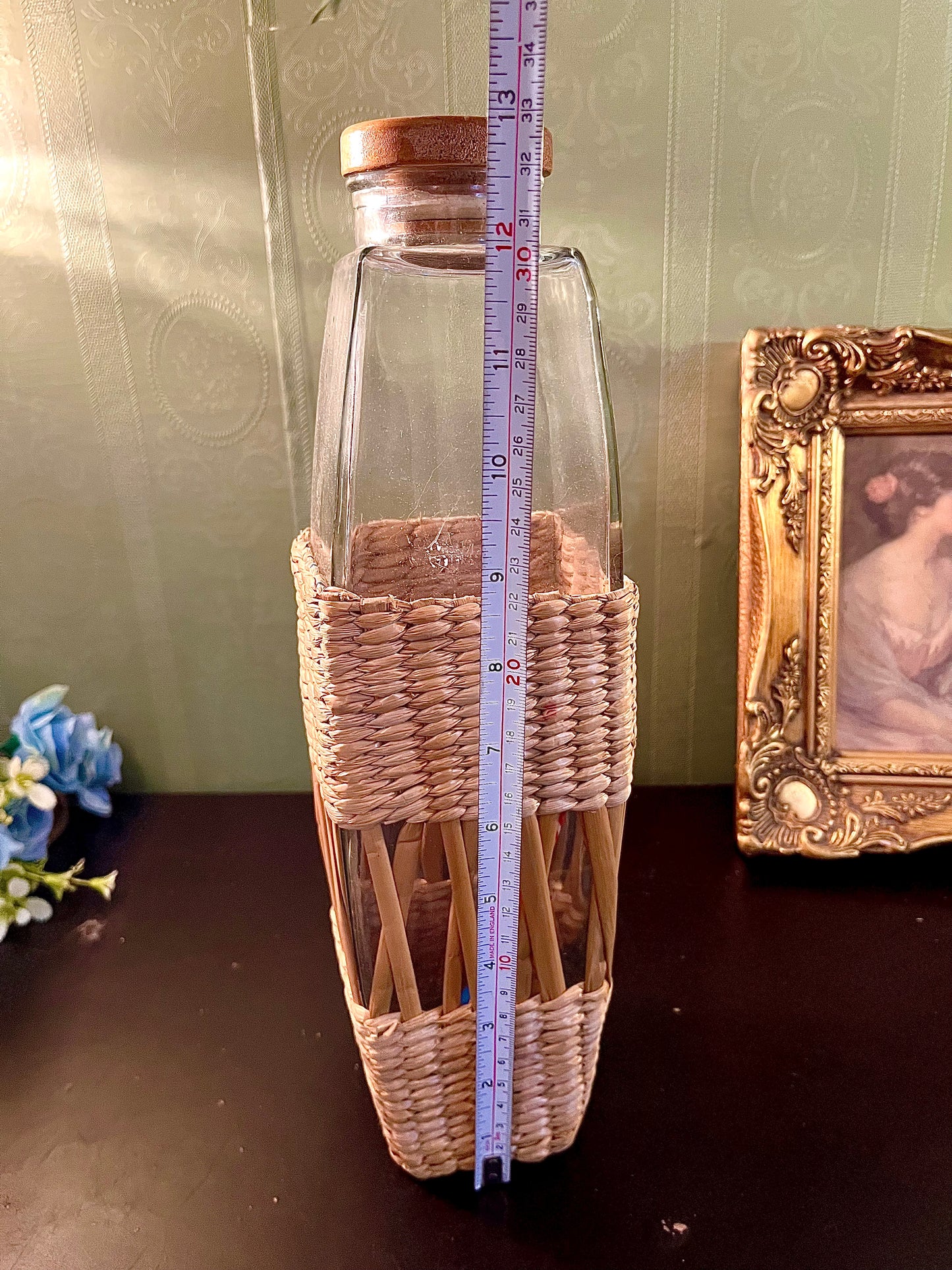 Tall Glass Bottle with Wicker Wrap 13 Inch