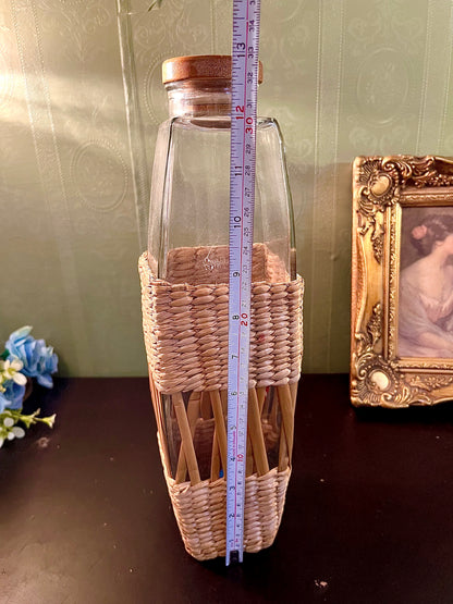 Tall Glass Bottle with Wicker Wrap 13 Inch