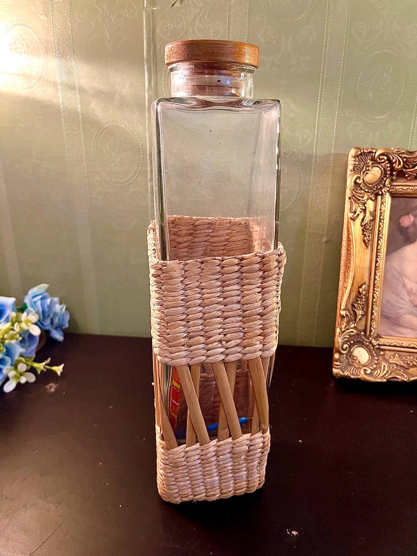 Tall Glass Bottle with Wicker Wrap 13 Inch