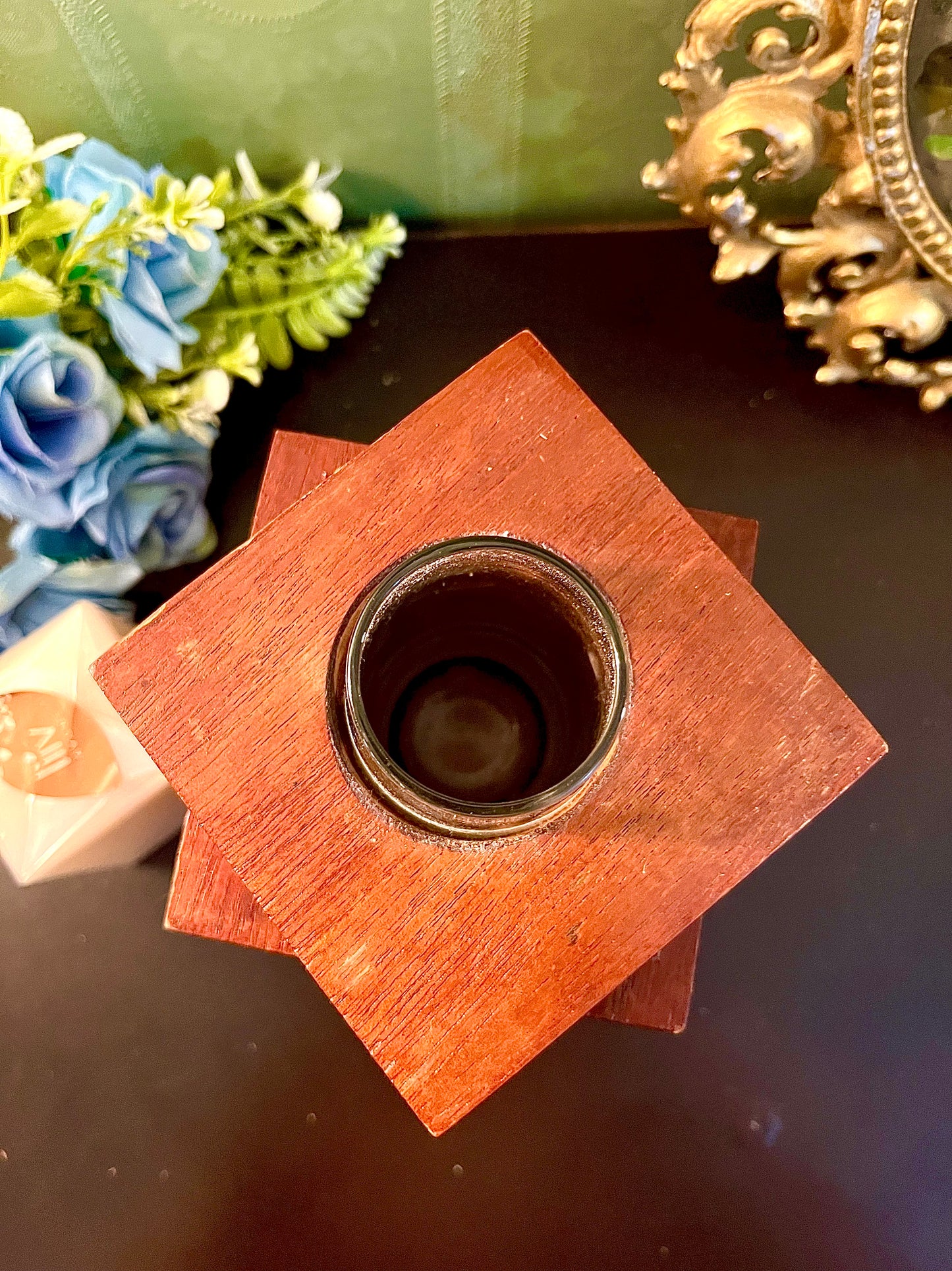 Stacked Wooden Taper Candle Holder with Glass Insert