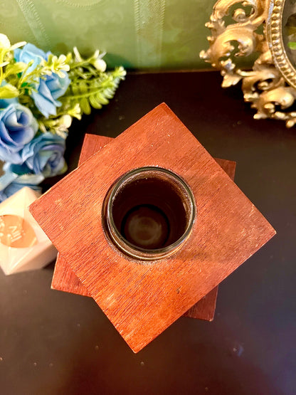 Stacked Wooden Taper Candle Holder with Glass Insert