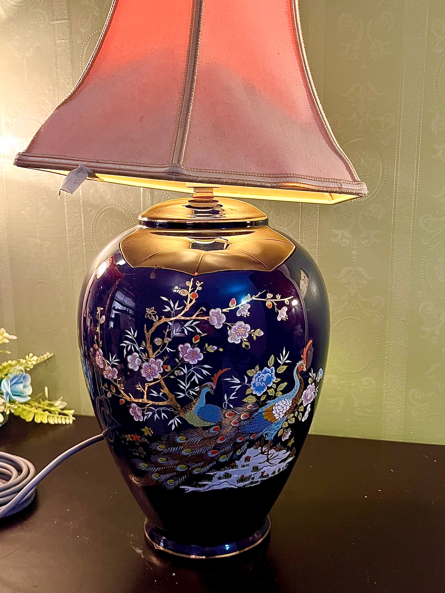 Vintage Cobalt Blue Peacock Ceramic Table Lamp