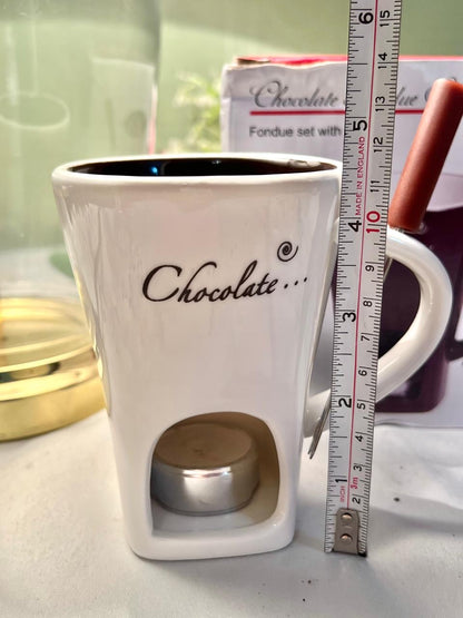 Chocolate Fondue Mug Set White Ceramic with Tea Light 12cm