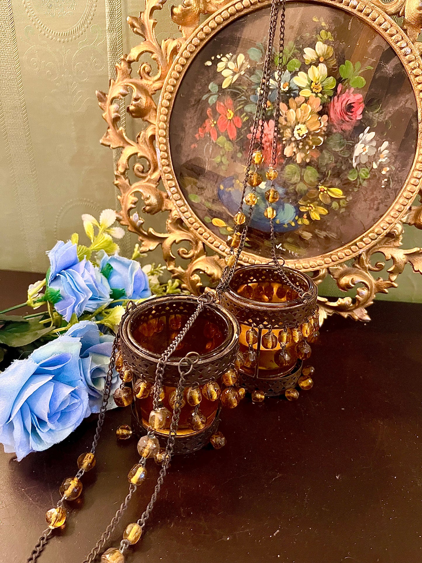 Pair of Amber Glass Hanging Tealight Candle Holders with Beaded Chains