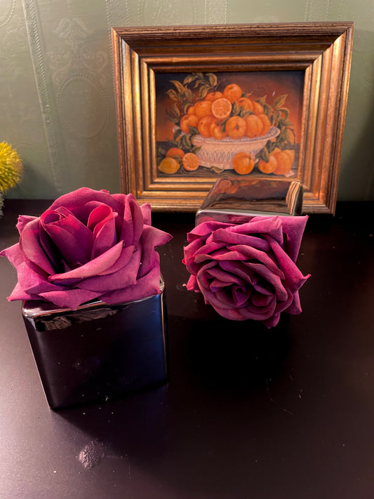 Black Ceramic Vase with Burgundy Rose – Vintage Decor